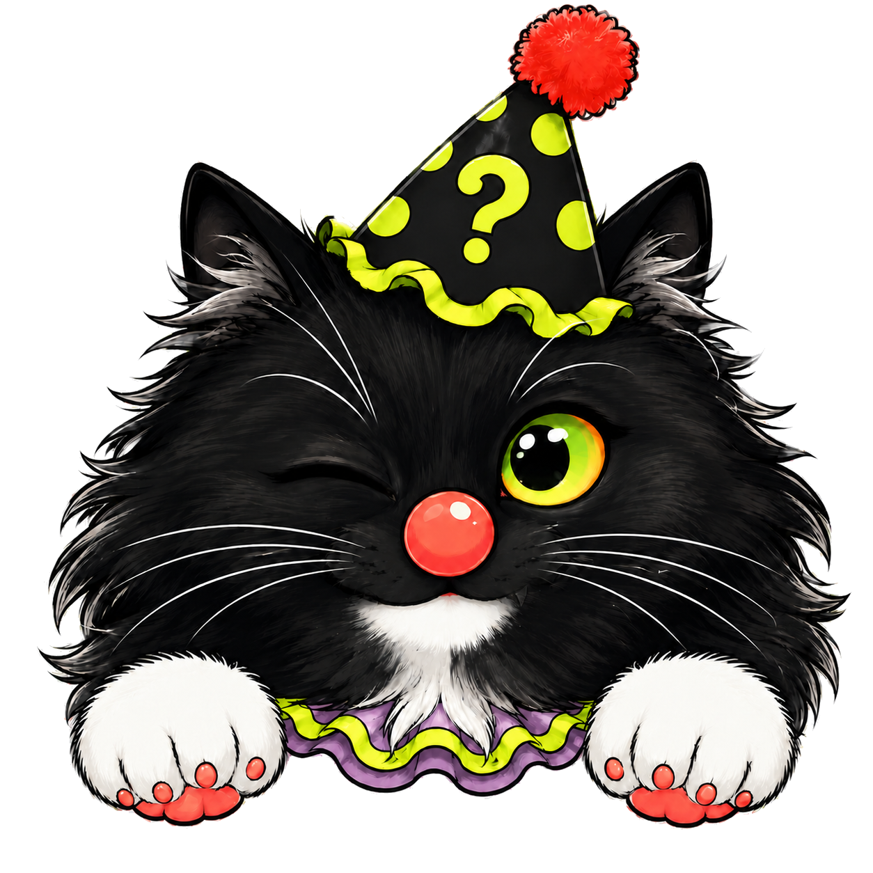 Seko, a winking black-and-white clown cat
